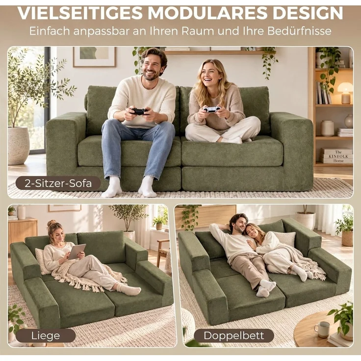 HOMCOM Schlafsofa, Polyester, Grün, 208 x 181 x 58 cm – Bild 4