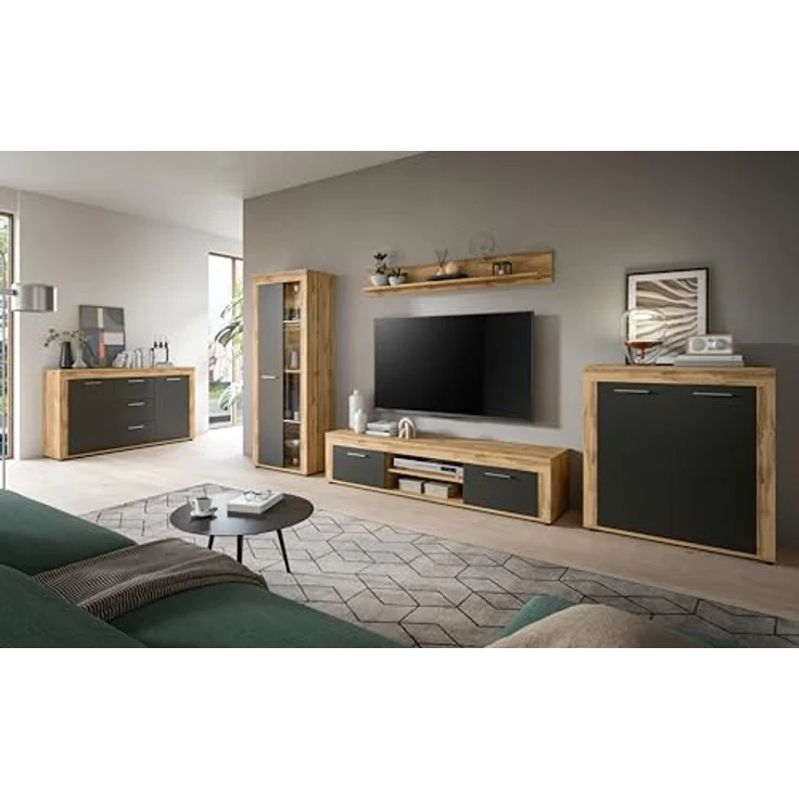 Xonox Vitrine, Grau, Holzwerkstoff, 60x159x35 cm, inklusive 3 Schubkästen und 4 Einlegeböden, FSC®-zertifiziert – Bild 2