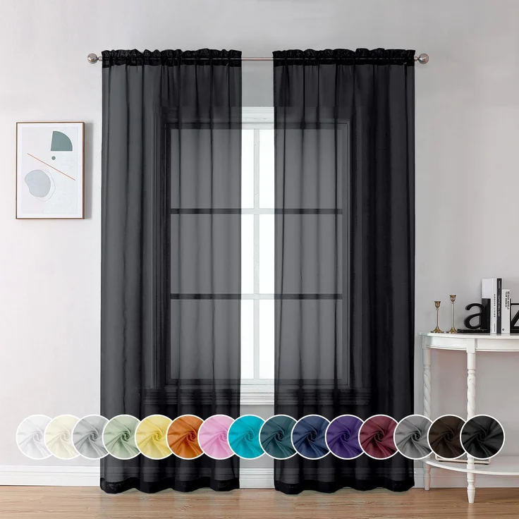 Chyhomenyc Schwarze transparente Vorhänge, 213 cm lang, 2 Paneele, lichtfilternd, einfarbig, elegant, Stangentasche, Voile, Fenstervorhänge für Schlafzimmer, Wohnzimmer, jeweils 106x213 cm, Schwarz,