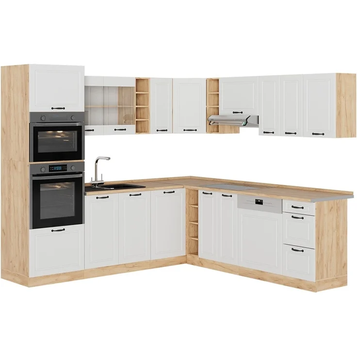 Eckküche R-Line Weiß Landhaus/Goldkraft Eiche 247 x 237 cm, AP Eiche Vicco – Bild 1