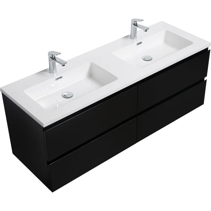 Badplaats Badmöbel Set mit Waschbecken und Unterschrank Angela 140 x 48 cm Schwarz Matt - Waschbeckenunterschrank mit Soft-Close und Doppelwaschbecken, Vorgemontiert – Bild 4