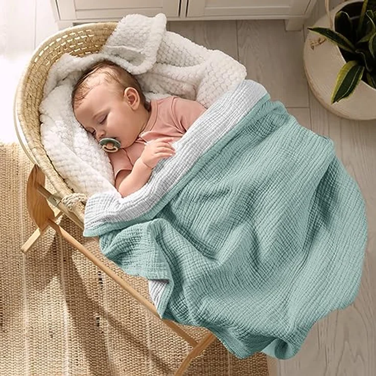 Lulu moon Musselin-Babydecke – Baumwoll-Steppdecken für Kleinkinder – wendbare Kinderbettdecke für Babys, Jungen und Mädchen, 120x120 cm (Salbei) – Bild 10