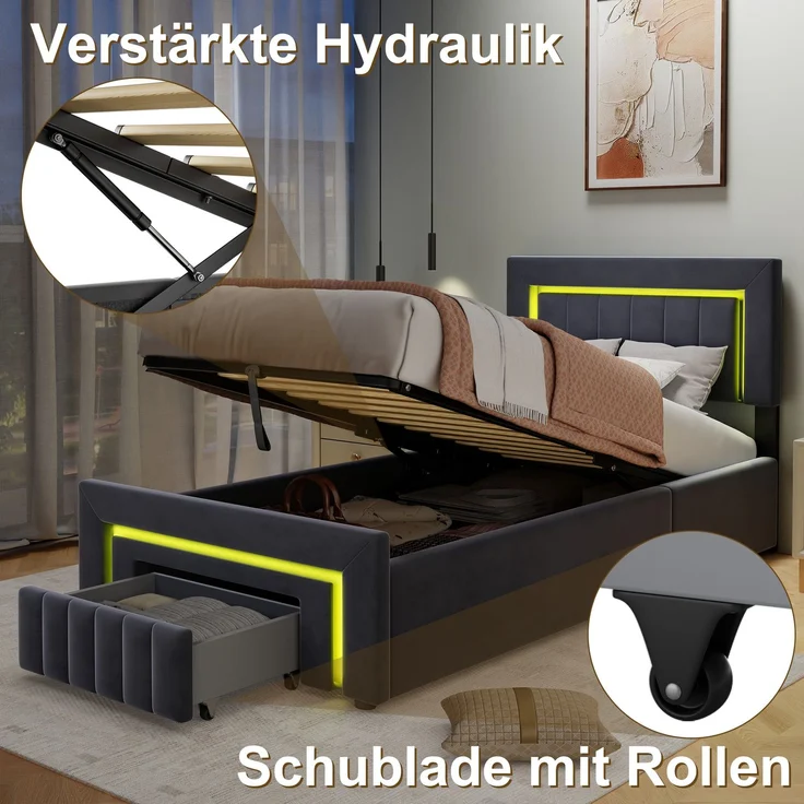 Polsterbett aus Velours mit LED, hydraulischem Stauraum & Schublade, ohne Matratze, 90x190 cm, Grau – Bild 8