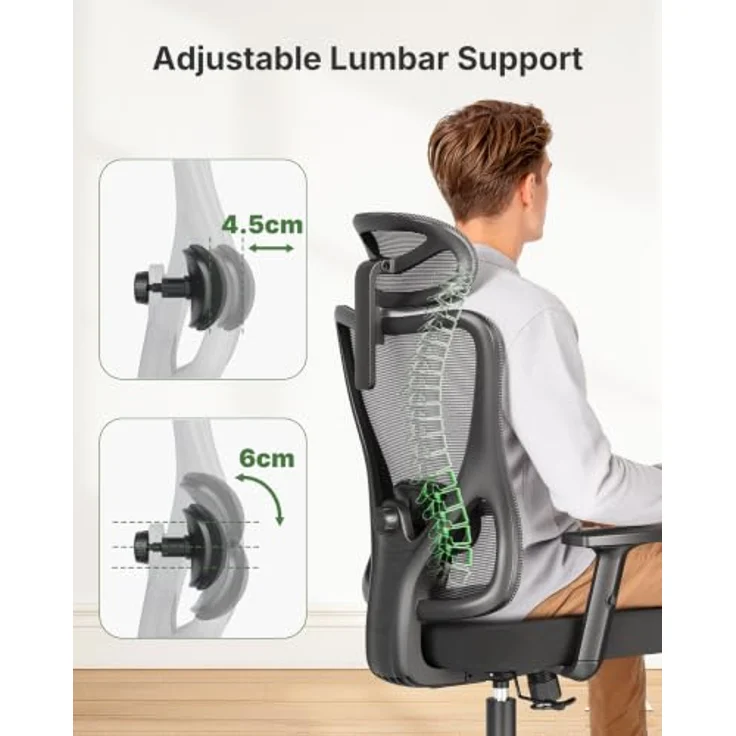 Marsail 2026 Neu Bürostuhl Ergonomisch, Neigung 130°, Netzrückenlehne | Schreibtischstuhl, 2-stufig verstellbare Kopf- & Lendenstütze, 8 cm Sitzkissen, Netzrücken, EN 1335-2, Schwarz Matt,150 kg – Bild 5
