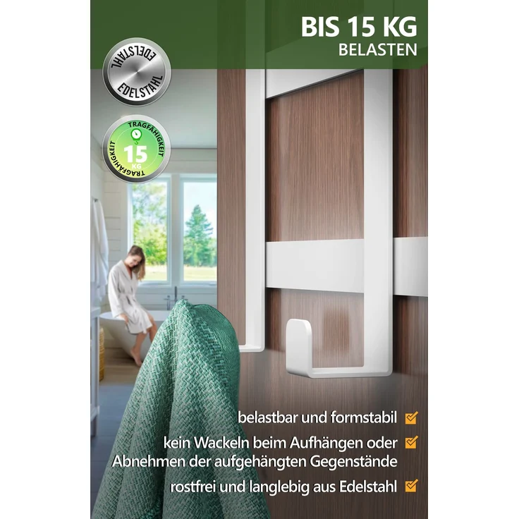 Lindenstein Türgarderobe für Falztüren innen, 5 Haken, Edelstahl, Weiß – bis 15 kg – Bild 4