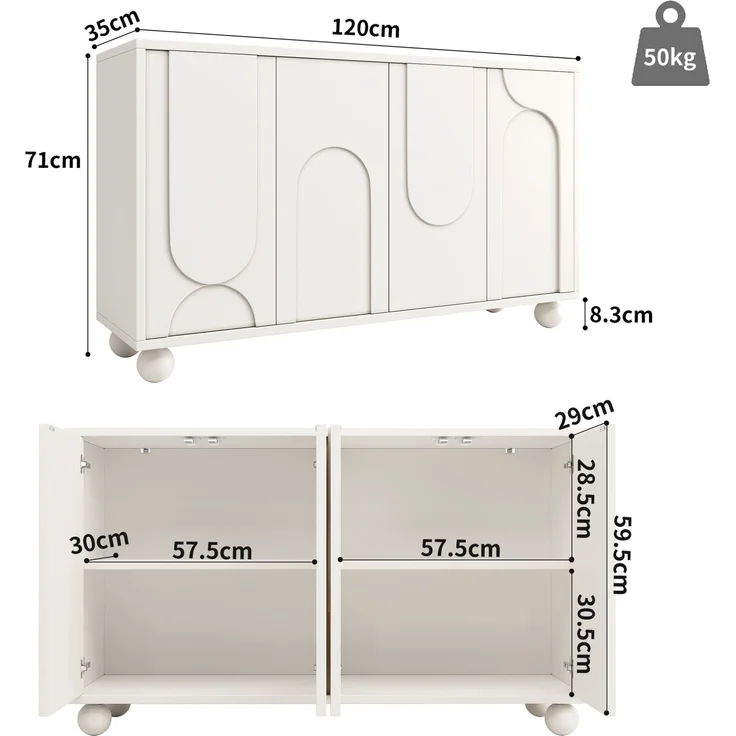Sideboard 120x35x71 cm mit verstellbarer Ablage – weiß, MDF und Metall – Bild 10