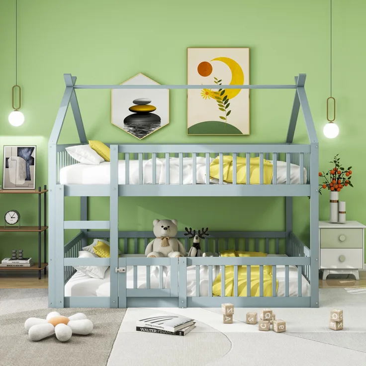 Hochbett Mit Spielebene Grau 140x200 Holz Metall Sicherheitsgeländer Treppe 120kg Tragkraft Kinderzimmer Spielbett Schlafbereich Multifunktional