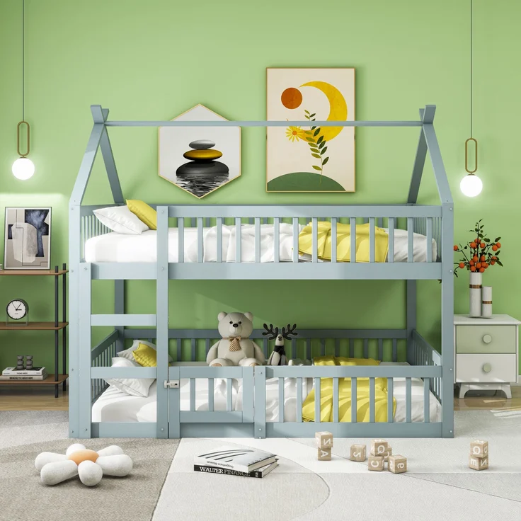 Hochbett Mit Spielebene Grau 140x200 Holz Metall Sicherheitsgeländer Treppe 120kg Tragkraft Kinderzimmer Spielbett Schlafbereich Multifunktional – Bild 1