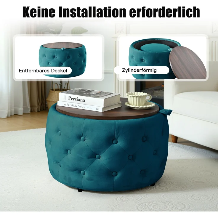 Hocker-Set 59,6x59,6x38 cm aus blauem Samt mit Stauraum und Holztablett – Bild 8
