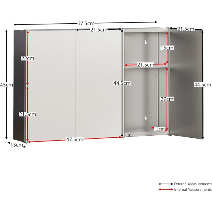 Home Discount Bath Vida Tiano Badezimmerschrank, dreifach verspiegelt, Wandmontage, Edelstahl, moderner Schrank, Glas, Silber, H 45 x W 68 x D 13 cm Approx – Bild 2