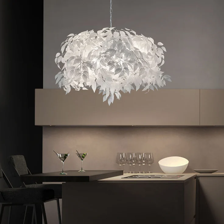 Pendelleuchte, 4 Flammig, Blätter, weiß, Chrom, D 70 cm – Bild 7
