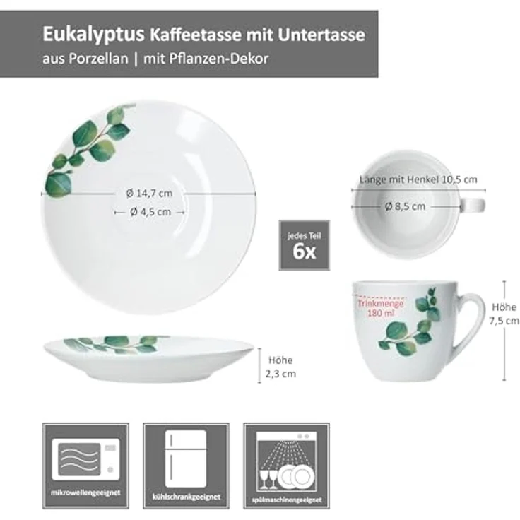 MamboCat Tasse 6er Set Eukalyptus Kaffeetassen mit Untertassen 6 Personen Porzellan, Porzellan – Bild 6