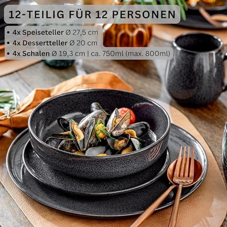 Sänger Tafelservice, Grau, 12-teiliges Keramik Geschirrset, kratzfest, handmade, platzsparend – Bild 2