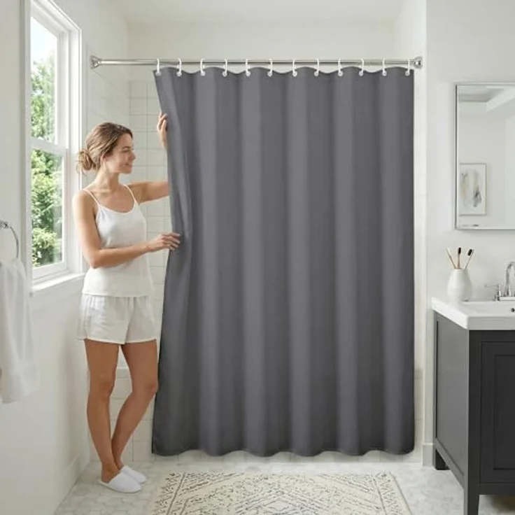 Americanflat Duschvorhang, 100% Polyester, wasserabweisend, mit Metallösen und 12 Duschvorhangringen, Lange Duschvorhänge für Badezimmer, 71 x 74 cm, Grau – Bild 5