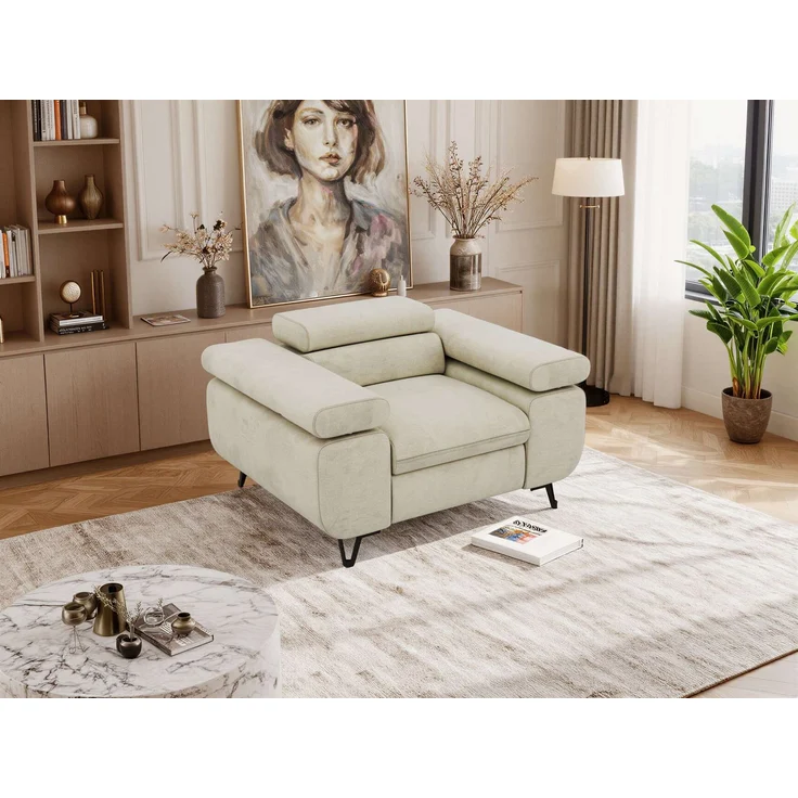 Einzelsessel, Polstersessel PETER mit verstellbaren Armlehnen und Kopfstütze, 1-Sitzer Sofa, Ohrensessel, Wellenfeder - Beige Velvet – Bild 5