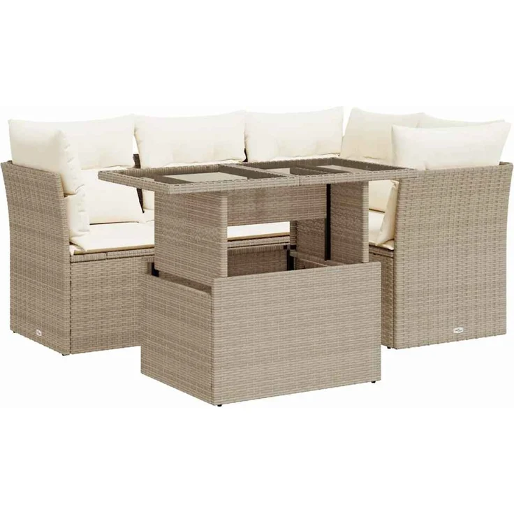 vidaXL 5-tlg. Garten-Sofagarnitur mit Kissen Beige Poly Rattan 3326149 – Bild 2