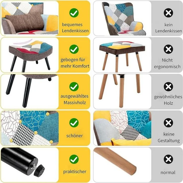 HomeMiYN Ohrensessel Relaxsessel Lehnstühle Patchwork Ohrensessel mit Hocker lesesessel, Chair – Bild 4