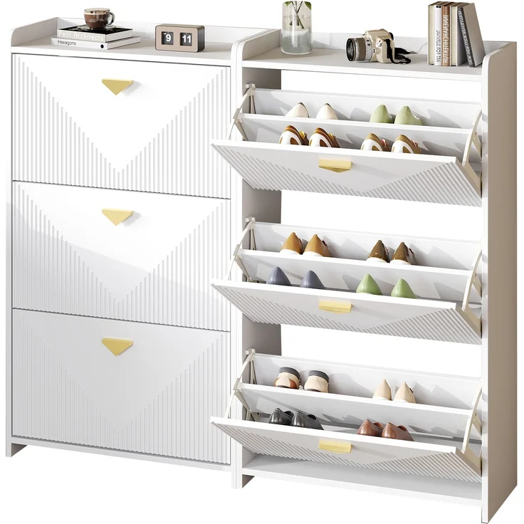 Schuhschrank Set 2-teilig 140x30x120 cm Weiß 3 Klapptüren verstellbare Trennwände gold Griffe – Bild 7