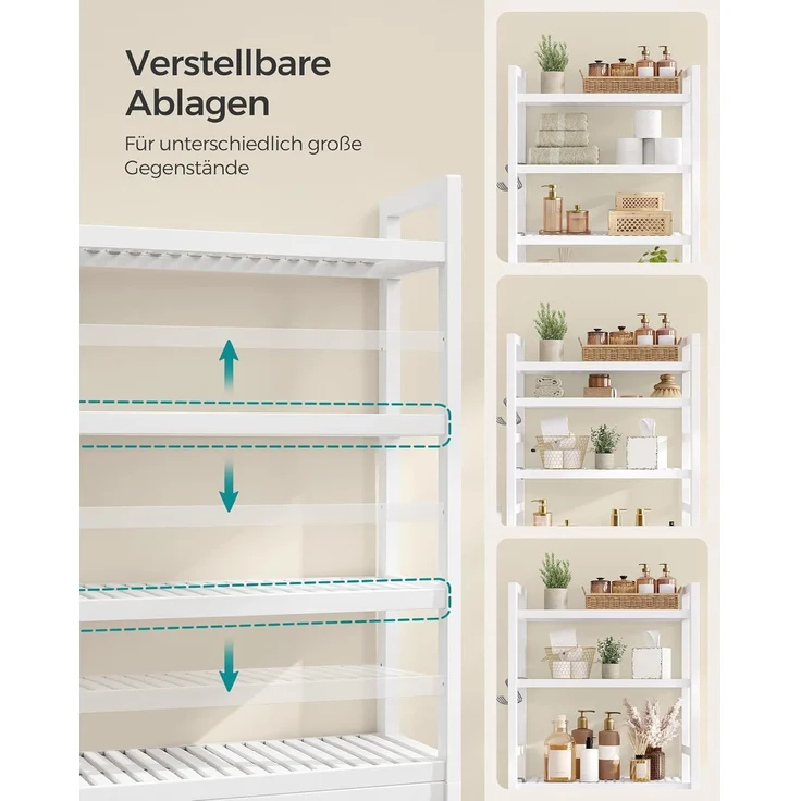 Songmics 4-stöckiges Toilettenregal, verstellbare Ablagen, Bambus wolkenweiß, 185 x 26 x 63 cm – Bild 4