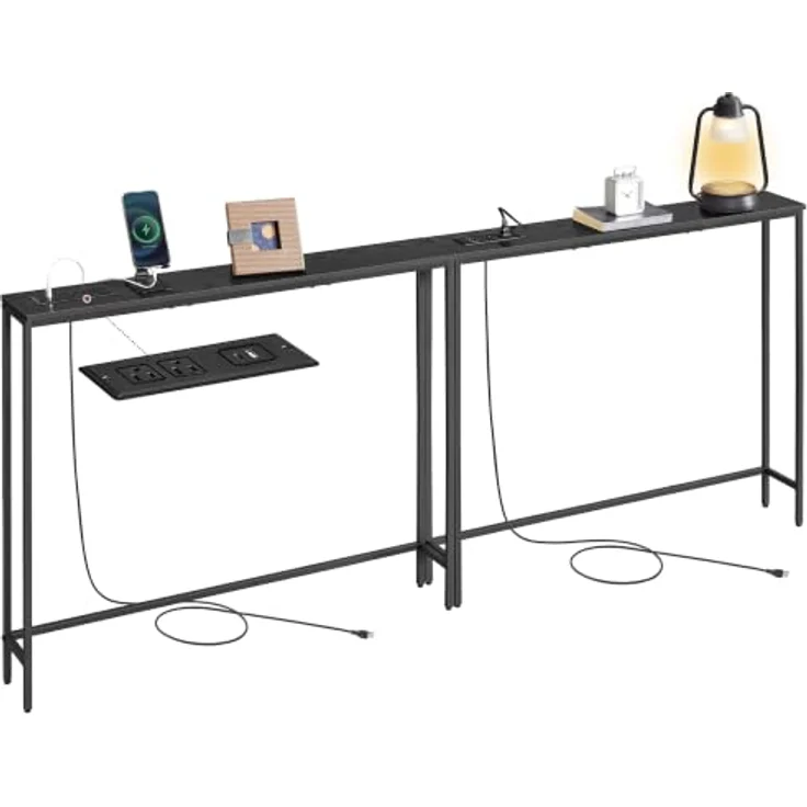 VASAGLE Konsolentisch mit Ladestation, schmaler Sofatisch, Flurtisch, 2 Tischplatten, einfache Montage, für Flur, Wohnzimmer, 100 x 15 x 80 cm, Schwarze Holzoptik-Mattschwarz LNT078BE03 – Bild 1