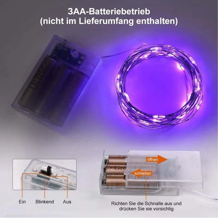 Jibenhome LED-Streifen Lila LED Kupferdraht-Lichterkette Batteriebetrieben 30-100 LEDs, Halloween & Weihnachten Dekoration – Bild 4