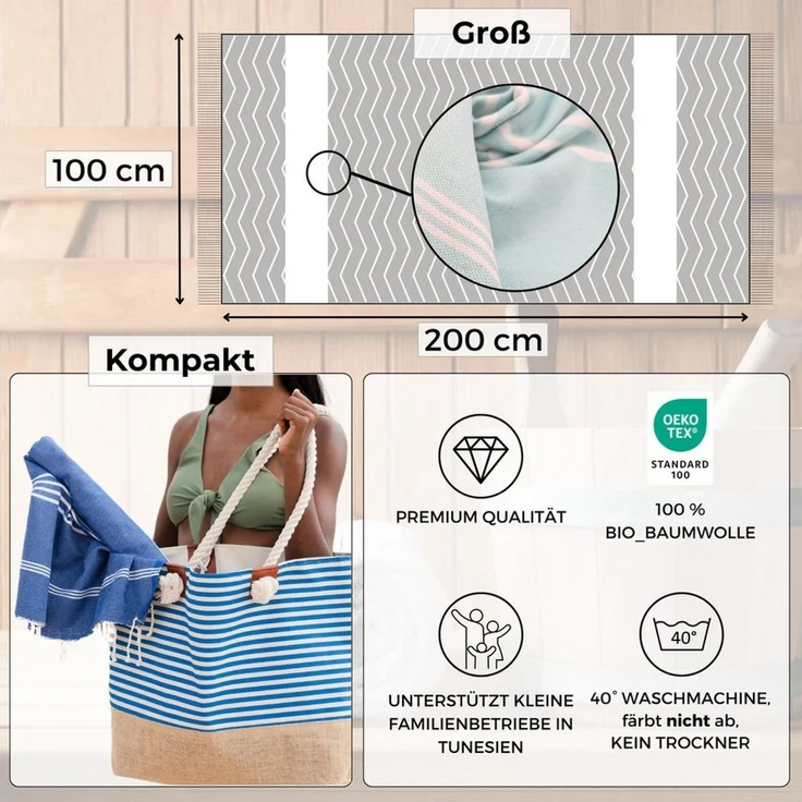 furora HOLIDAY Saunatuch Strandtuch Hamamtuch: groß 100x200 cm Saunatuch, Strandhandtuch dünn, Strandtuch Saunatuch aus 100% Baumwolle Strandtuch Set – Bild 2