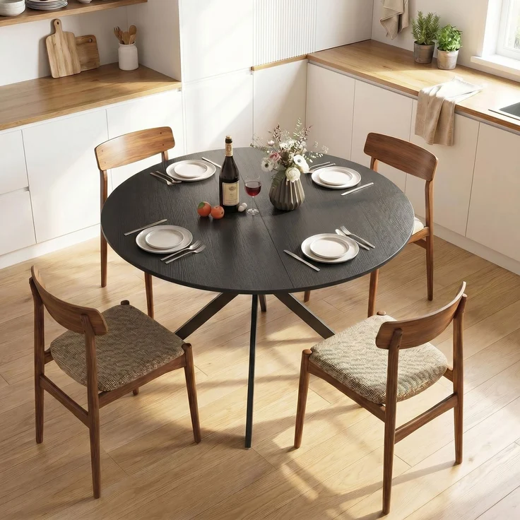Runder Esstisch für 4 Personen, Küchentisch im Industriestil mit Stahlbeinen, für Esszimmer, Küche, Schwarz--Schwarz--75x120x120cm--CHENHAONING – Bild 4