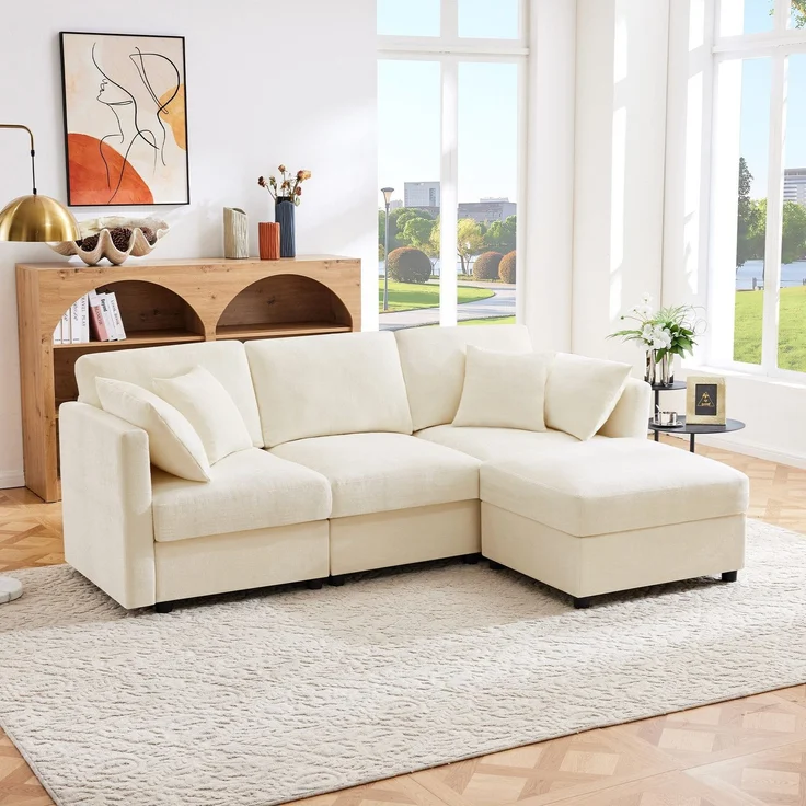 Ecksofa mit Hocker, Zierkissen und Rückenlehnen, L-Form, Armlehnen verstellbar, inkl. Federkern, Polstersofa, Loungesofa, Chenille – Bild 4