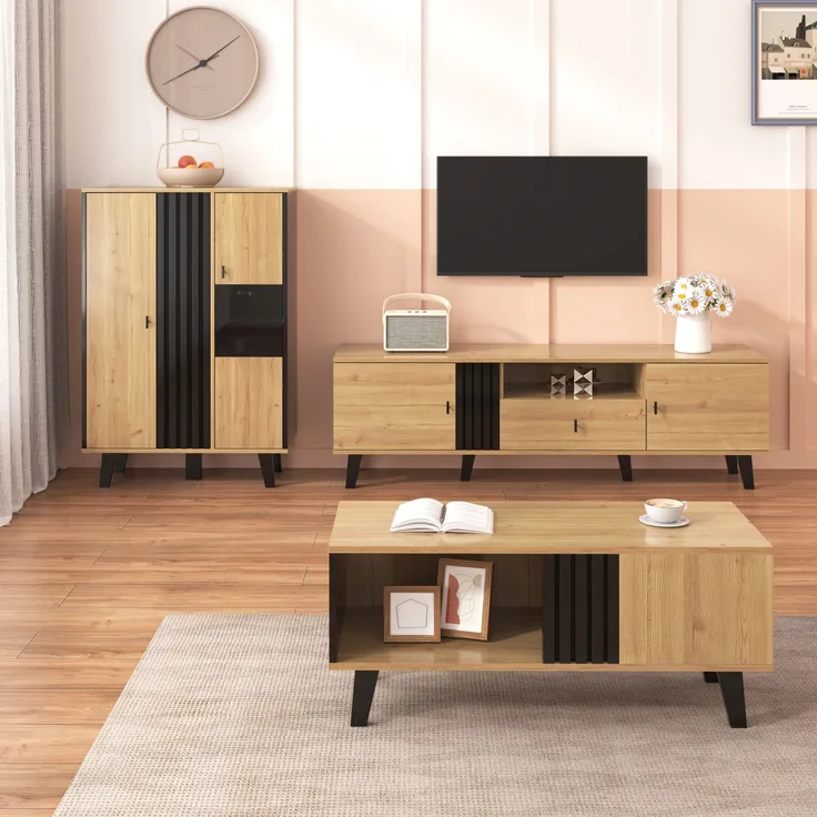Wohnzimmer Möbel Set 3-teilig: TV-Schrank 170cm, Sideboard & Couchtisch, Holz/Schwarz