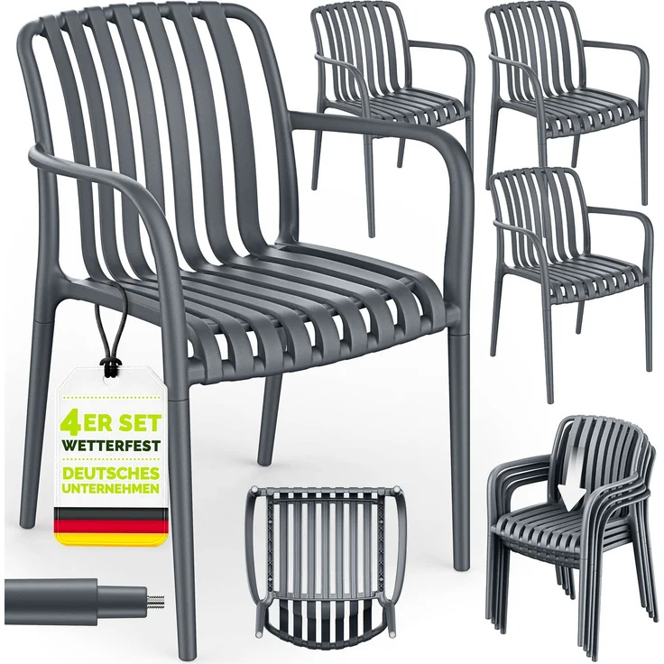 tillvex® Gartenstühle 4er Set Stapelbar Wetterfest mit Armlehne | Outdoor Stühle bis 120kg belastbar | Gartenstühle Outdoor | Terrassenstuhl Gartenmöbel Balkon Garten Terrasse – Bild 6