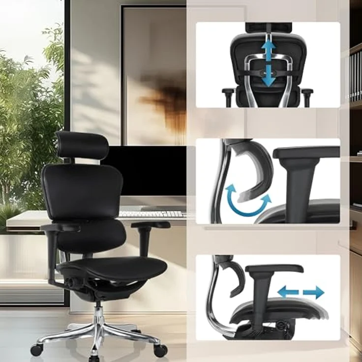 hjh OFFICE Bürostuhl ergonomisch ERGOHUMAN Ultra L GEN2 Originales Design, Bürosessel mit Flexibler Lendenwirbelstütze, Leder, Schwarz – Bild 7