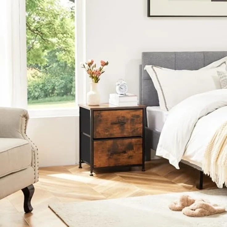 DUMOS Kommode für Schlafzimmer mit 2 Stoffschubladen, hohe Kommode Organizer für Kleidung, Schrank Kinderzimmer, Aufbewahrungsturm mit Schrank, Metallrahmen, Holzplatte, leichte Kinderzimmermöbel – Bild 2