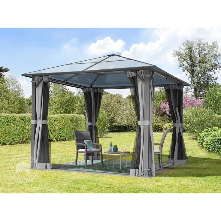 TOOLPORT Gartenpavillon 3x3 m Polycarbonat Dach ca. 6 mm - Hardtop Pavillon mit 4 Seitenteilen und Moskitonetzen in grau – Bild 1