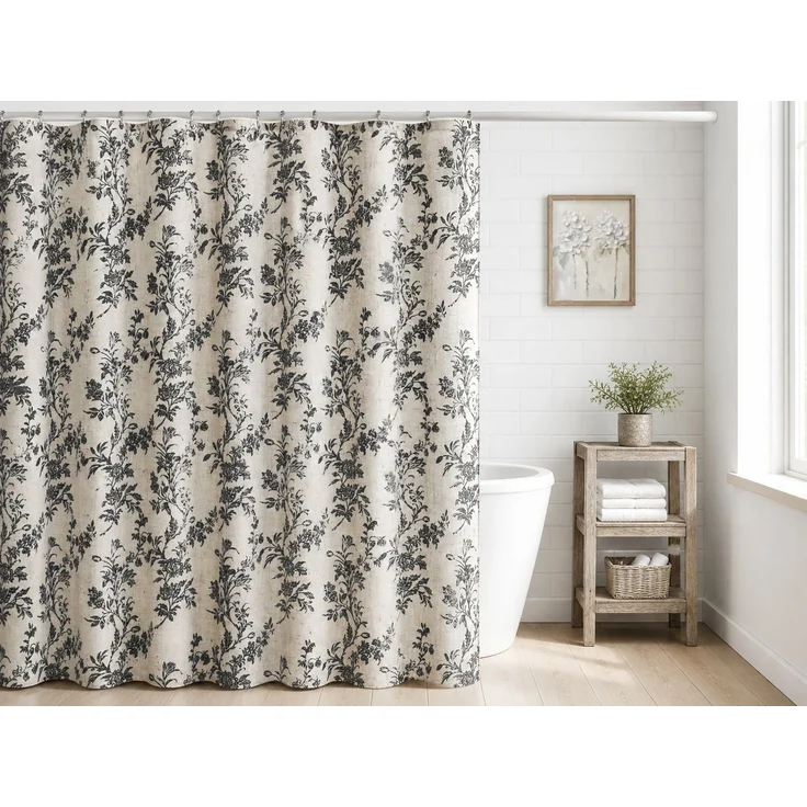 Duschvorhang mit Blumenmuster wasserabweisend Beige-Schwarz, 300x180 cm – Bild 2