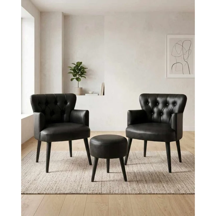 Hanah Home 'Az-2Rom-Syh - Black' Ohrensessel- und Hocker-Set (3-teilig), Schwarz, 60 x 84 x 52 cm – Bild 1