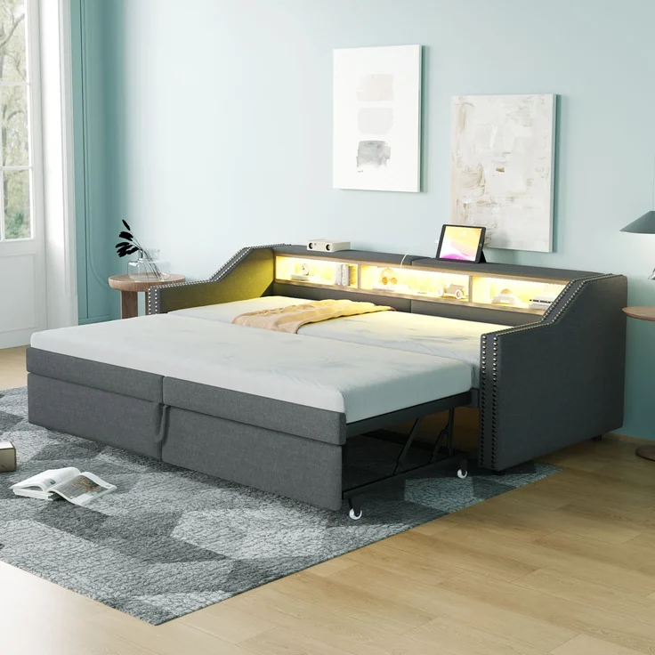 Ausziehbares Schlafsofa 90/180×200 cm mit seitlichen Ablagefächern, USB-Anschluss, Leinenbezug & Lattenrost,Polsterbett,Dunkelgrau – Bild 1