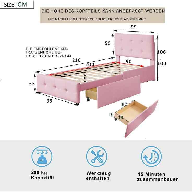 Polsterbett, 90 x 200 cm Bett mit Lattenrost, Rückenlehne und zwei Schubladen, hautfreundlicher Samtstoff, Beige flaches Einzelbett Kinderbett Jugendbett Gästebett, Samtstoff, Beige/Rosa, 90 x 200 cm – Bild 6