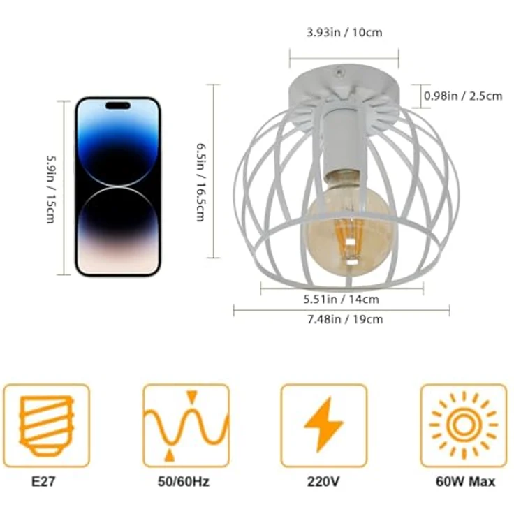 Comely Deckenleuchte Vintage, Industrial Deckenlampe Metall in Käfigform, Retro Kronleuchter E27 für Schlafzimmer, Wohnzimmer, Eingang, Flur (Weiß) – Bild 5