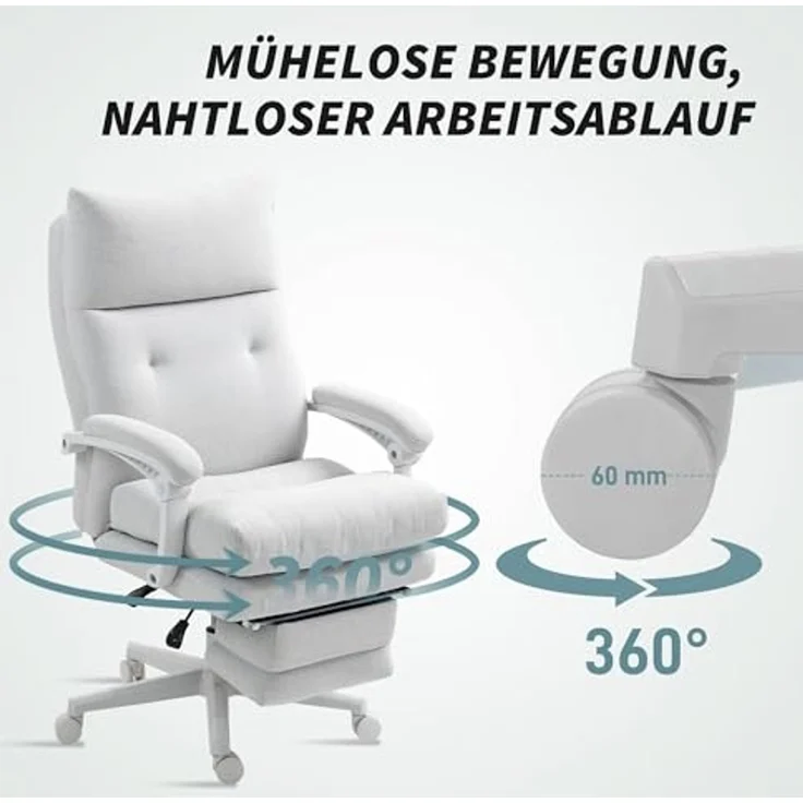 HOMCOM Schreibtischstuhl gepolsterter Bürostuhl mit Fußstütze, Schwenkrädern (höhenverstellbarer Arbeitsstuhl, 1 St), 70 x 68 x 114-122 cm, Cremeweiß – Bild 7