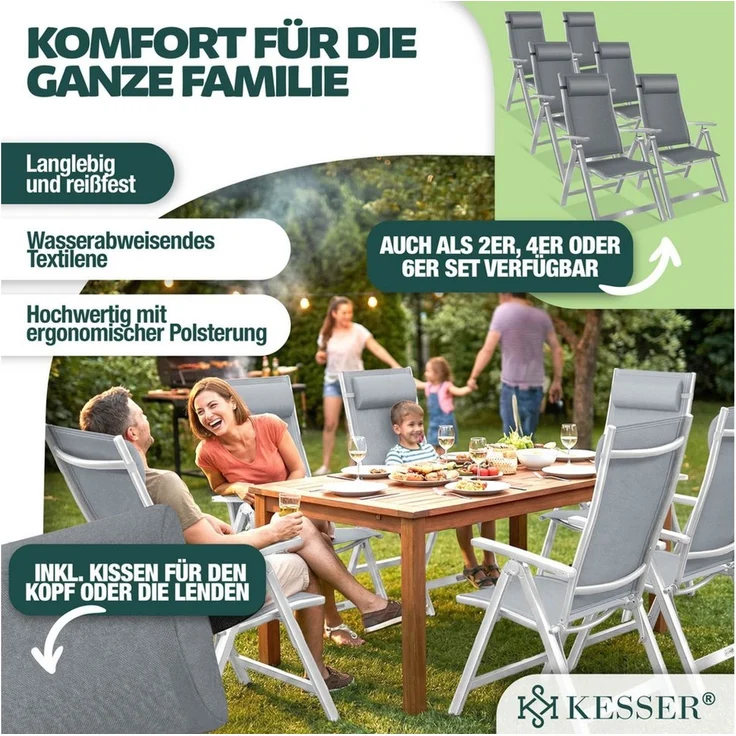 KESSER® Gartenstuhl Hochlehner mit Armlehnen | Aluminium Klappstuhl inkl. Kopfkissen Campingstuhl 7-Fach Verstellbar Rückenlehne | Atmungsaktiv & Wetterfest | Klappbar & Anti-Rutsch Hellgrau, 6 Stück – Bild 2