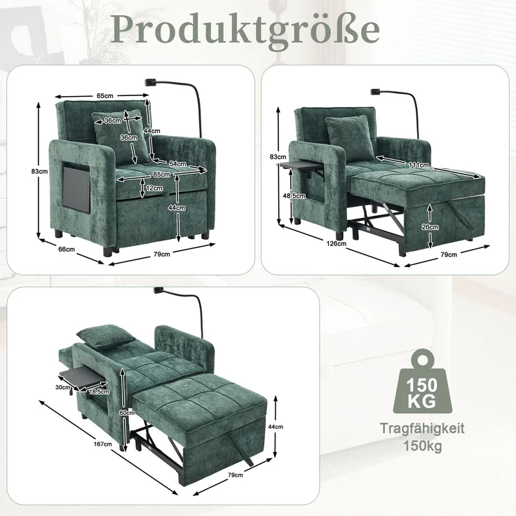 LVHOM Multifunktionaler Schlafsessel mit klappbarer Ablage, Ausziehbares 1-Sitzer Schlafsofa mit Handyhalter und Seitentaschen, Loungesessel, Dunkelgrün – Bild 6