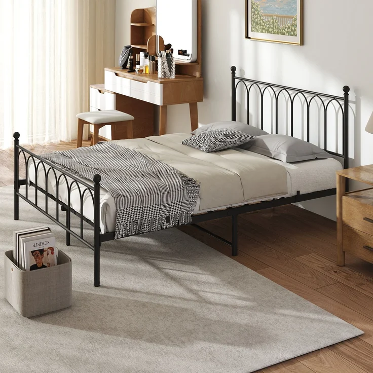 Doppelbett aus Metall mit Lattenrost, 27 cm Stauraum & Aufbewahrungsnetz, 140x200 cm, Schwarz – Bild 1