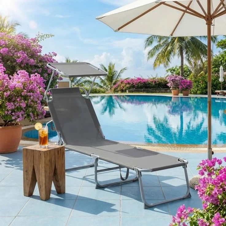 SONGMICS Sonnenliege klappbar, belastbar bis 110 kg, verstellbare Sonnenblende, Rückenlehne, grau – Bild 3