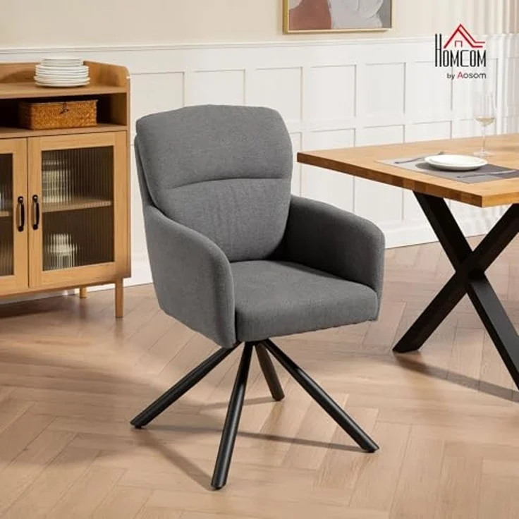 HOMCOM Esszimmerstuhl mit Leinenbezug, Armlehne, Rückenlehne, ergonomisch (360° Drehbar Küchenstuhl, 1 St), für Esszimmer Wohnzimmer, Grau – Bild 2