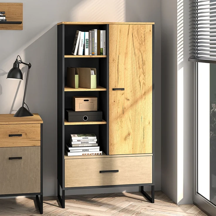 Highboard 80cm breit, schwarz mit Eiche und sandfarben, CASPER-131 – Bild 4