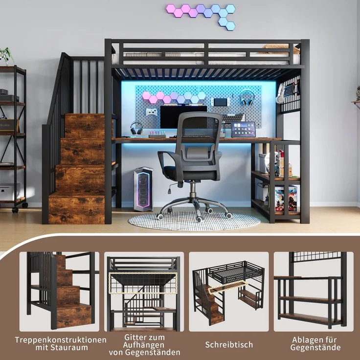 Hochbett mit RGB LED-Streifen, Schreibtisch, Treppe, Regal, Wandgitter, USB, Type-C, 90x200cm, Kinderbett, Metallbett – Bild 5