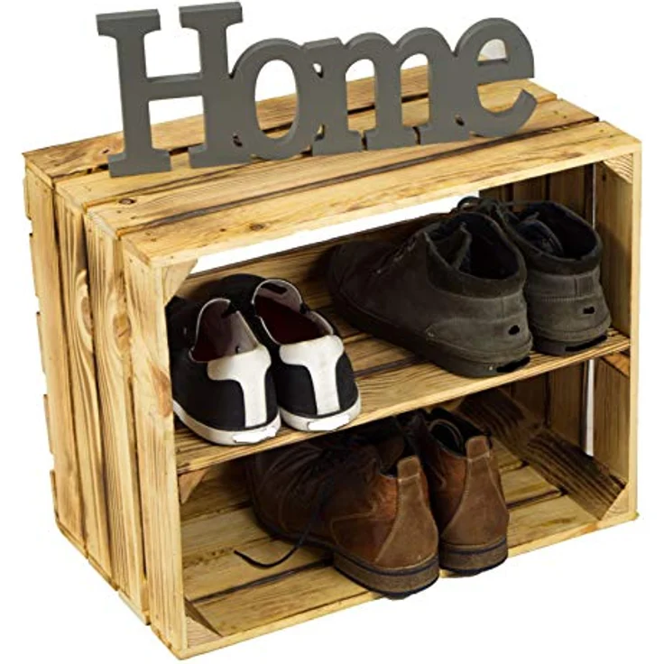 3 x Schuhschrank Schuhregal aus geflammten Holzkisten Schuhablage für 12 Paar Schuhe als Schuhständer Schuhaufbewahrung aus Holz Maße 50 x 30 x 40 cm (je Kiste) stabiles Regal in Obstkisten Optik – Bild 5