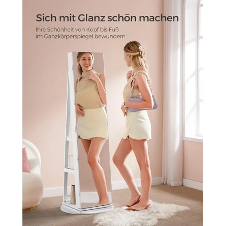 Songmics Schmuckschrank mit rahmenlosem Ganzkörperspiegel, 360° drehbar, abschließbar, Oberfläche weiß | Innenfutter grau, 162 x 54,5 x 54,5 cm – Bild 2