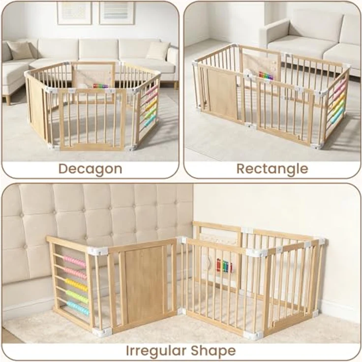 Laufstall Baby Holz mit Spielcenter – 160x80x61cm Verstellbare Größe & Form Laufgitter, Faltbarer Laufstall aus Holz, Spielzaun mit Tor für Babys und Kleinkinder(6 Stück) – Bild 9