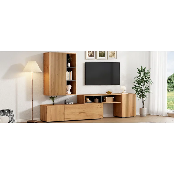TV Wohnwand-set mit Vitrine (Komplett-Set, 2-St),Mediawand inkl. TV-Board -set und Standregal,TV Wohnzimmermöbel-Set,flexible Länge TV-Schrank bis 265 cm,stehend&hängend,TV bis 120',Holzfarbe+Schwarz--Eiche--100.69x62.23x15.75cm--YOUDENOVA – Bild 8